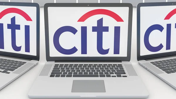 Laptops with Citigroup logo on the screen. Computer technology conceptual editorial 3D rendering — Stock Photo, Image