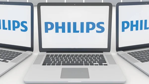 Laptops with Philips logo on the screen. Computer technology conceptual editorial 3D rendering — Stock Photo, Image