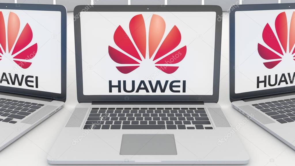 Laptops with Huawei logo on the screen. Computer technology conceptual editorial 3D