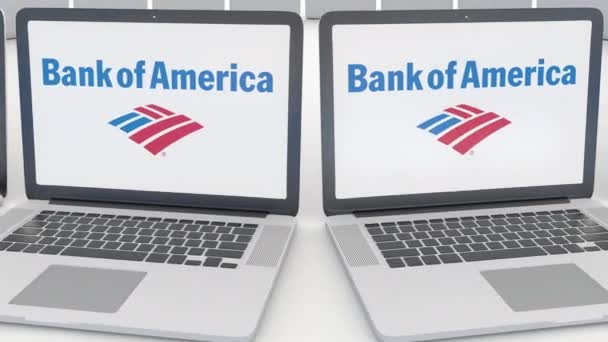 Portatili con logo Bank of America sullo schermo. Tecnologia informatica concettuale editoriale clip 4K, loop senza soluzione di continuità — Video Stock