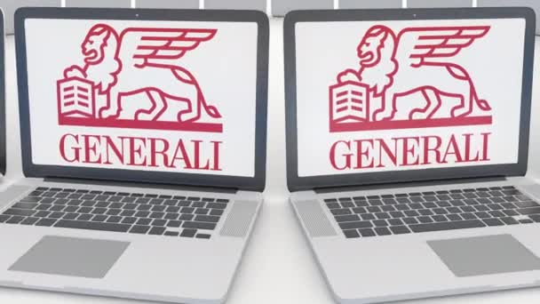 แล็ปท็อปที่มีโลโก้ Generali Group บนหน้าจอ เทคโนโลยีคอมพิวเตอร์ คลิปการบรรณาธิการแนวคิด 4K วงกลมไร้รอยต่อ — วีดีโอสต็อก