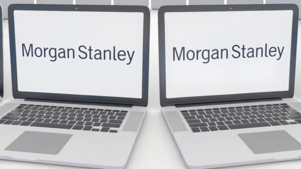 A Morgan Stanley Inc. jel-ra a képernyő laptops. Számítógép technológia fogalmi szerkesztői 4k klip, varrat nélküli hurok — Stock videók