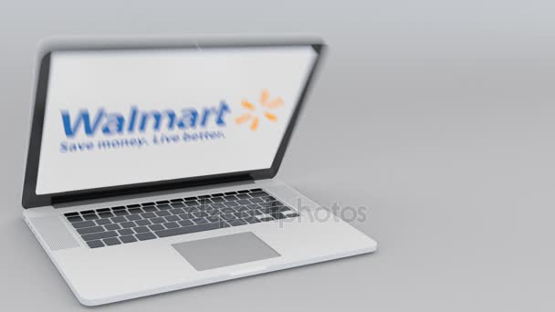 Membuka dan menutup laptop dengan logo Walmart di layar. Komputer teknologi konseptual editorial 4K klip — Stok Video