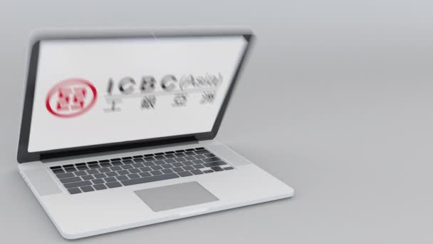 Açılış ve kapanış laptop ile sanayi ve ticaret Bankası Çin ICBC logo üstünde belgili tanımlık perde. Bilgisayar teknolojisi kavramsal editoryal 4k klip — Stok video