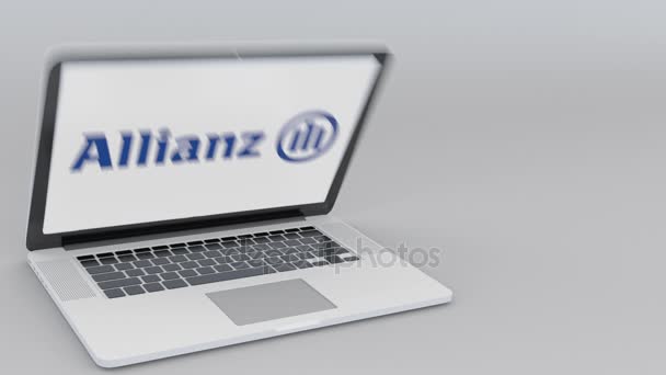 Portátil de apertura y cierre con logo Allianz en la pantalla. Tecnología informática editorial conceptual 4K clip — Vídeo de stock