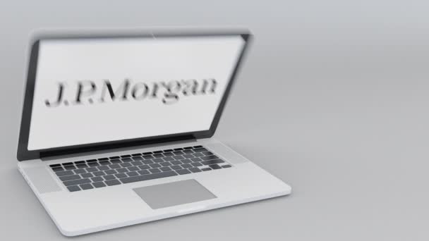 Opening and closing laptop with J.P. Morgan logo on the screen. Computer technology conceptual editorial 4K clip — Stock Video