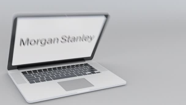 Açılış ve kapanış laptop ile Morgan Stanley Inc logo üstünde belgili tanımlık perde. Bilgisayar teknolojisi kavramsal editoryal 4k klip — Stok video