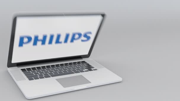 Computer portatile di apertura e chiusura con logo Philips sullo schermo. Tecnologia informatica concettuale editoriale 4K clip — Video Stock