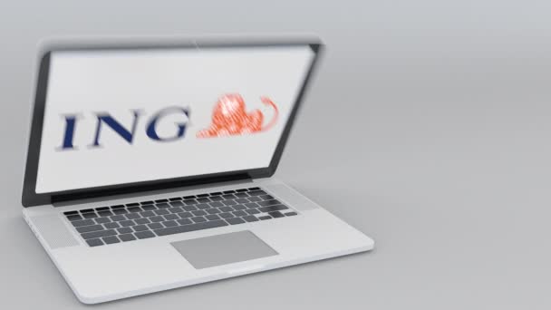 Computer portatile di apertura e chiusura con logo ING Group sullo schermo. Tecnologia informatica concettuale editoriale 4K clip — Video Stock