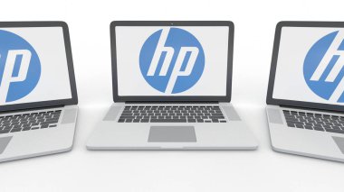 Notebooks with HP Inc. logo on the screen. Computer technology conceptual editorial 3D rendering clipart