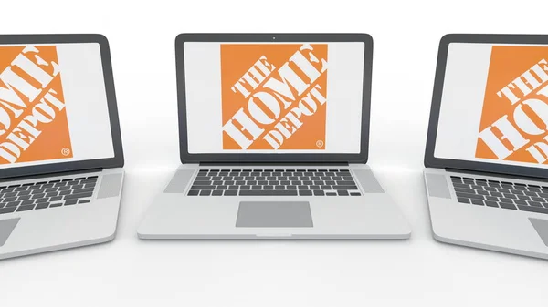 Notebooks com o logotipo do Home Depot na tela. Tecnologia de computador editorial conceitual renderização 3D — Fotografia de Stock