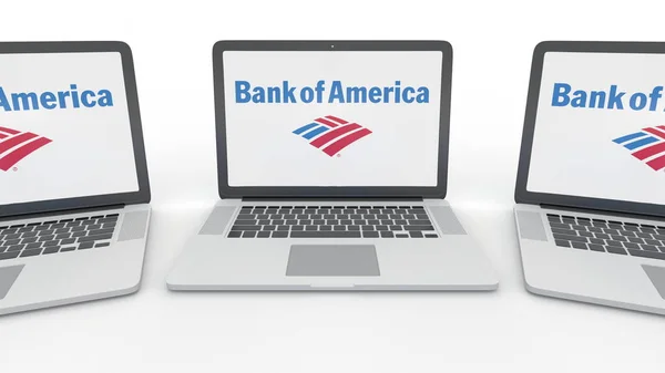 与美国银行徽标在屏幕上的笔记本。计算机技术概念编辑 3d 渲染 — 图库照片