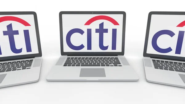 Notebooks with Citigroup logo on the screen. Computer technology conceptual editorial 3D rendering — Stock Photo, Image