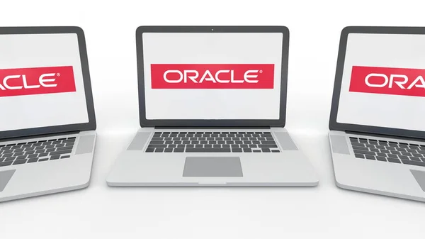 Carnets avec logo Oracle Corporation à l'écran. Informatique conceptuel éditorial rendu 3D — Photo