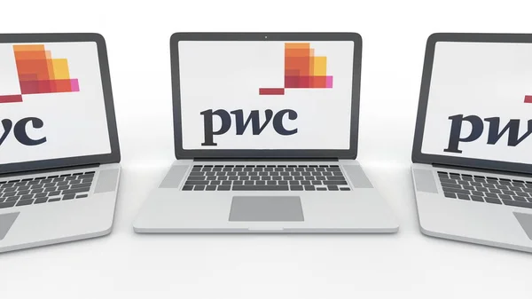 Anteckningsböcker med Pricewaterhousecoopers Pwc-logotypen på skärmen. Dator teknik konceptuella redaktionella 3d rendering — Stockfoto