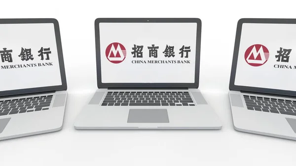 Cuadernos con el logotipo de China Merchants Bank en la pantalla. Tecnología informática editorial conceptual 3D rendering — Foto de Stock