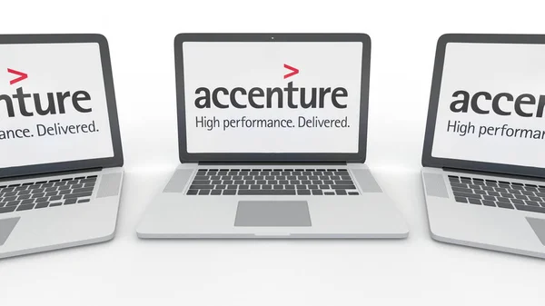 Notebook-uri cu logo-ul Accenture pe ecran. Tehnologia computerului redarea 3D editorială conceptuală — Fotografie, imagine de stoc