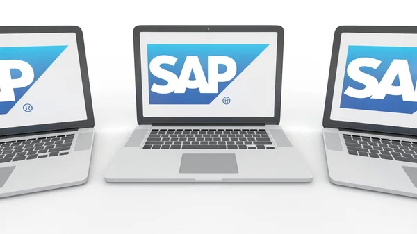 화면에 Sap Se 로고는 노트북 컴퓨터 기술 개념 편집 3d 렌더링 — 스톡 사진