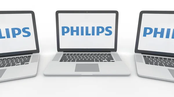Notebooks with Philips logo on the screen. Computer technology conceptual editorial 3D rendering — Stock Photo, Image