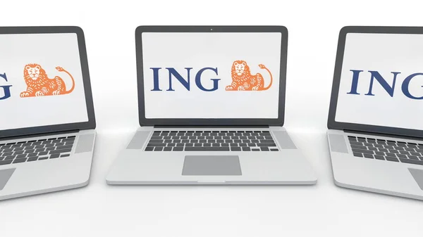 Anteckningsböcker med Ing Group-logotypen på skärmen. Dator teknik konceptuella redaktionella 3d rendering — Stockfoto