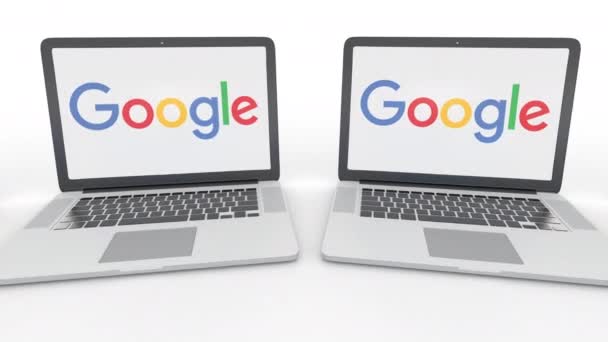 Notizbücher mit Google-Logo auf dem Bildschirm. Computertechnologie konzeptioneller redaktioneller 4k-Clip, nahtlose Schleife — Stockvideo