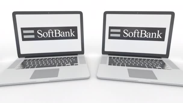 Σημειωματάρια με Softbank λογότυπο στην οθόνη. Υπολογιστή τεχνολογία εννοιολογική συντακτική 4k κλιπ, αδιάλειπτη βρόχο — Αρχείο Βίντεο