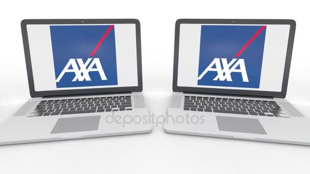 Cuadernos con logo AXA en la pantalla. Tecnología informática editorial conceptual clip 4K, bucle sin costura — Vídeos de Stock