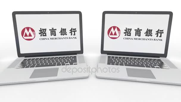 중국 상인 은행 로고 화면에는 노트북 컴퓨터 기술 개념 편집 4 k 클립, 원활한 루프 — 비디오