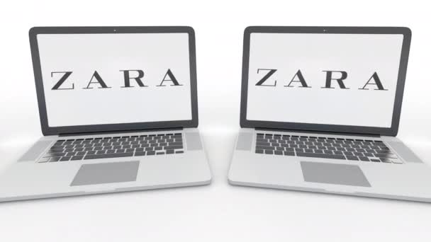 Carnets avec logo Zara à l'écran. Technologie informatique conceptuel éditorial clip 4K, boucle transparente — Video