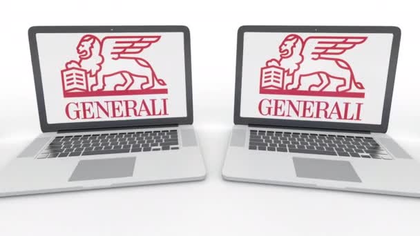 Quaderni con logo del Gruppo Generali sullo schermo. Tecnologia informatica concettuale editoriale clip 4K, loop senza soluzione di continuità — Video Stock