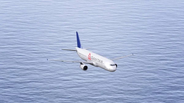 Avión de Qantas Airways volando sobre el mar. Conceptual editorial 3D rendering — Foto de Stock