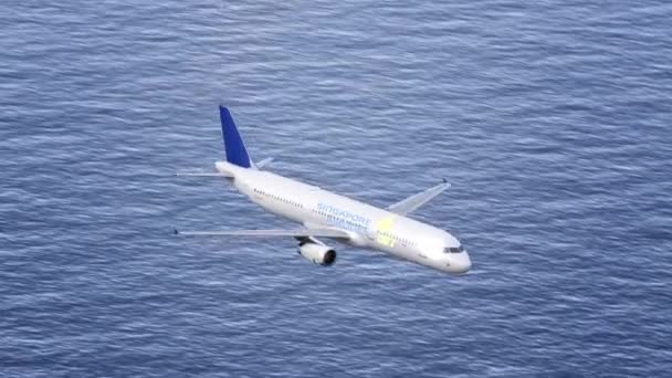 Singapore Airlines vliegtuig vliegen over de zee. Conceptuele redactionele 4k clip — Stockvideo