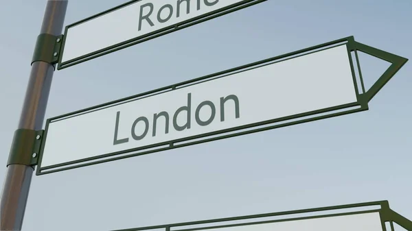 Panneau de direction de Londres sur le panneau routier avec des légendes de villes européennes. rendu 3D conceptuel — Photo