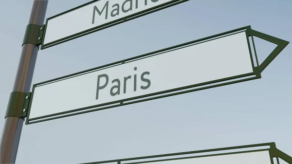 Kierunku Paryża Zarejestruj na droga drogowskaz z europejskich miast podpisy. Konceptualna renderowania 3d — Zdjęcie stockowe