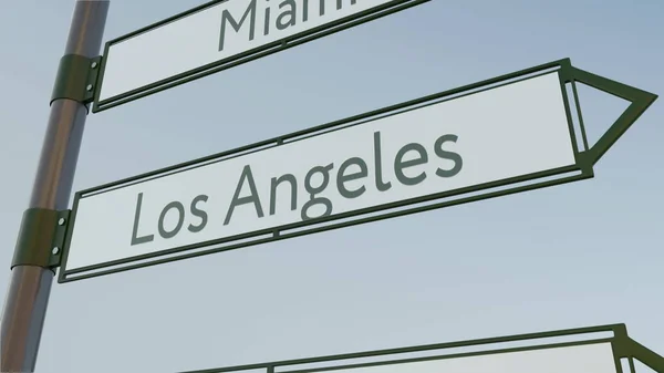 Señal de dirección de Los Ángeles en la señal de tráfico con leyendas de ciudades americanas. Renderizado 3D conceptual —  Fotos de Stock