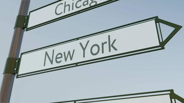 Señal de dirección de Nueva York en la señal de tráfico con leyendas de ciudades estadounidenses. Renderizado 3D conceptual —  Fotos de Stock