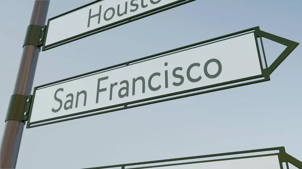 Señal de dirección de San Francisco en la señal de tráfico con leyendas de ciudades estadounidenses. Renderizado 3D conceptual — Foto de Stock