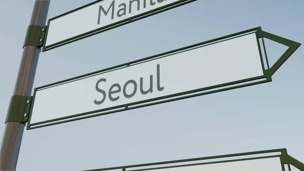 Seoul direction sign on road signpost with Asian cities captions. Conceptual 3D rendering — Stock Photo, Image