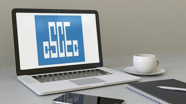 Laptop with China State Construction Engineering Corporation logo on the screen. Modern workplace conceptual editorial 3D rendering — Stock Photo, Image