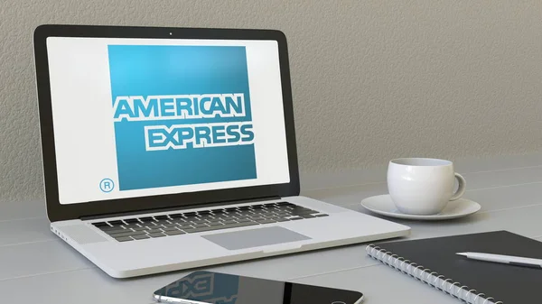 Φορητός υπολογιστής με American Express λογότυπο στην οθόνη. Σύγχρονο εργασιακό χώρο εννοιολογική συντακτική 3d rendering — Φωτογραφία Αρχείου