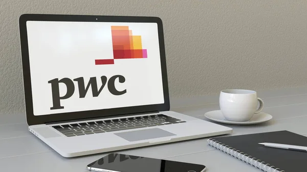 Laptop mit pwc-Logo von pricewaterhousecoopers auf dem Bildschirm. modernes arbeitsplatzkonzeptionelles Editorial 3D-Rendering — Stockfoto