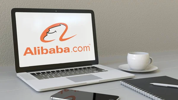 Laptop with Alibaba.com logo on the screen. Modern workplace conceptual editorial 3D rendering — Stock Photo, Image