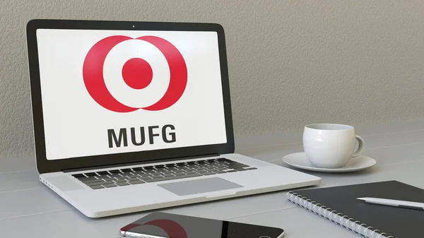 Laptop with MUFG logo on the screen. Modern workplace conceptual editorial 3D rendering — Stock Photo, Image