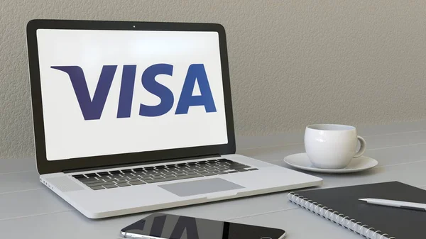 Ноутбук с логотипом Visa Inc. на экране. Концептуальная редакционная 3D рендеринг современного рабочего места — стоковое фото