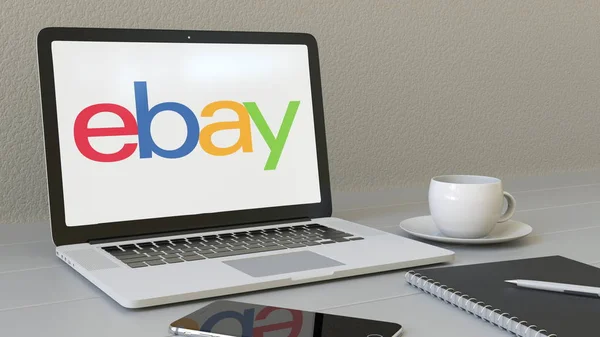 Laptop com logotipo eBay Inc. na tela. Moderno local de trabalho editorial conceitual renderização 3D — Fotografia de Stock