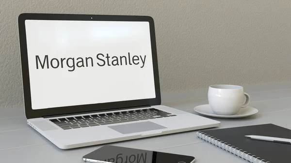 Laptop mit Morgan Stanley inkl. Logo auf dem Bildschirm. modernes arbeitsplatzkonzeptionelles Editorial 3D-Rendering — Stockfoto