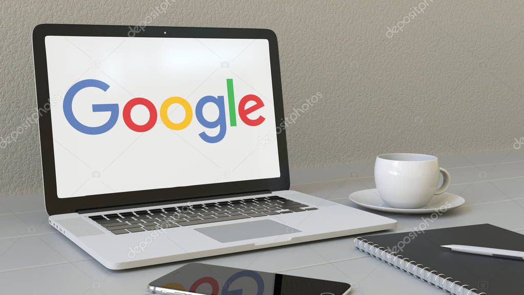Laptop with Google logo on the screen. Modern workplace conceptual editorial 4K animation
