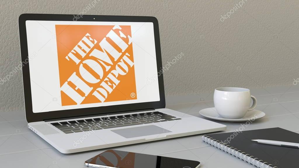 Laptop with The Home Depot logo on the screen. Modern workplace conceptual editorial 4K animation