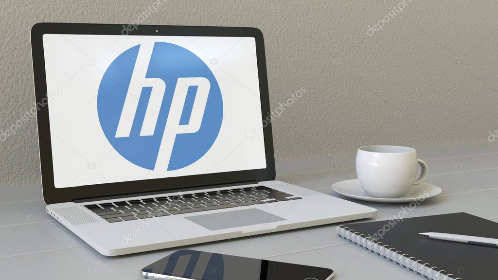 Laptop with HP Inc. logo on the screen. Modern workplace conceptual editorial 4K animation
