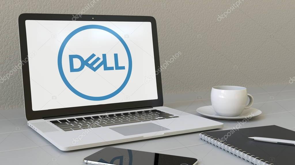 Laptop with Dell Inc. logo on the screen. Modern workplace conceptual editorial 4K animation